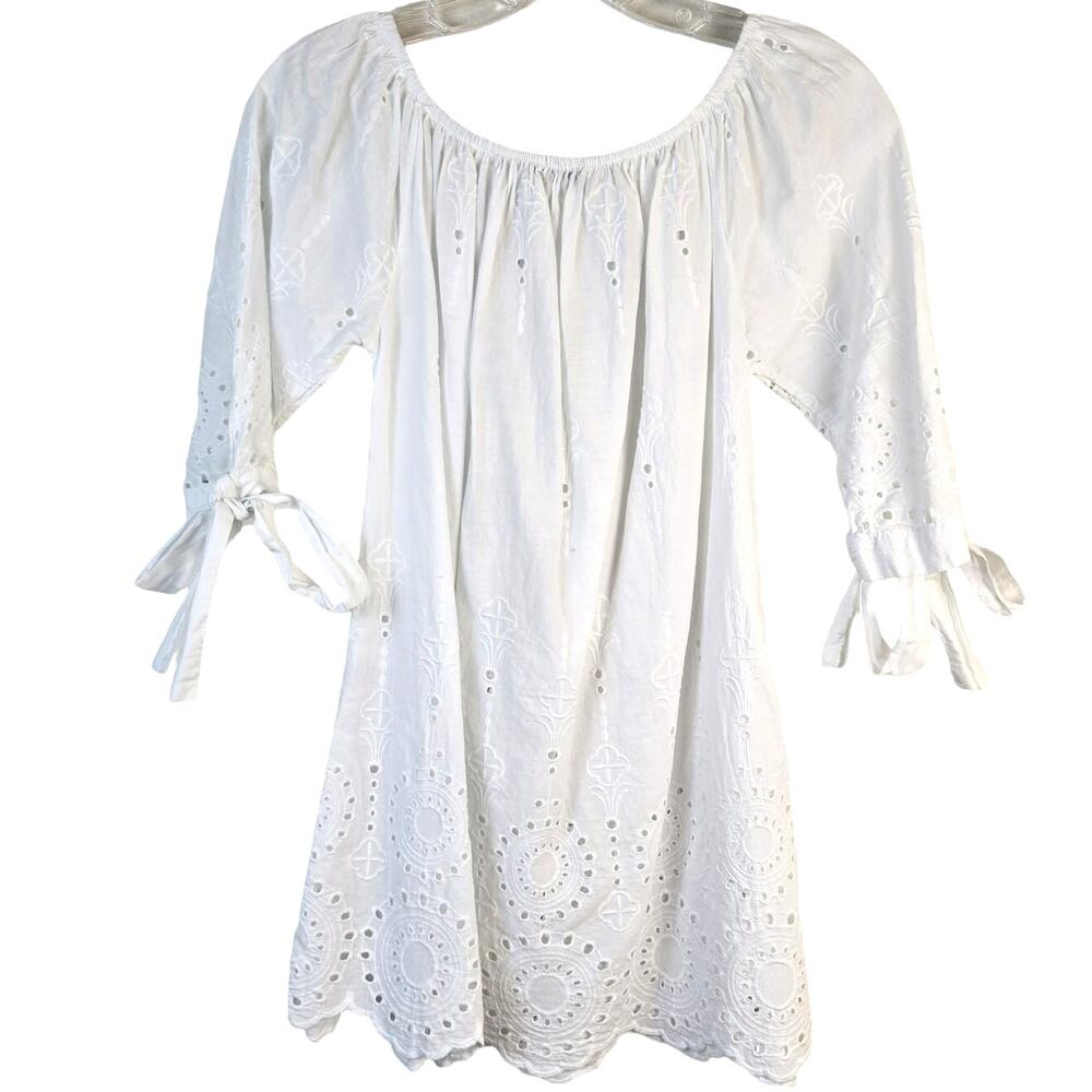 Valentina Naldi Tunic Blouse Women's S White Eyelet Tie Sleeve Romantic Coastal